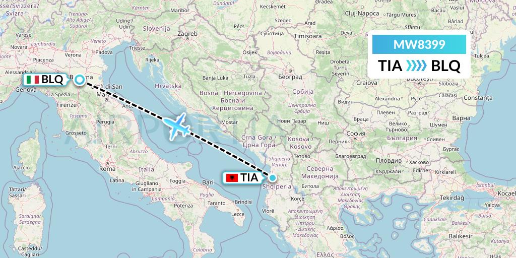 MW8399 Mokulele Flight Service Flight Map: Tirana to Bologna