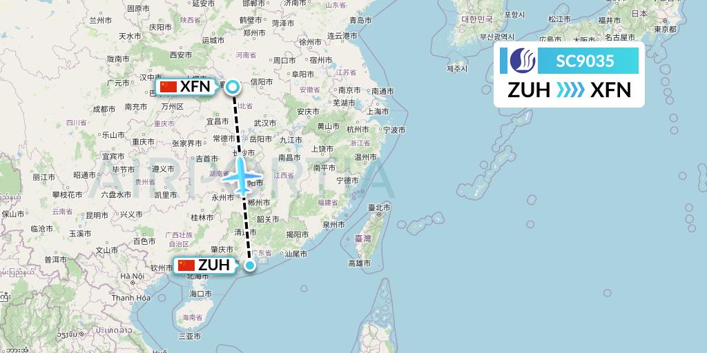 SC9035 Shandong Airlines Flight Map: Zhuhai to Xiangyang