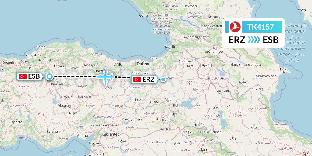 TK4157 Turkish Airlines Flight Map: Erzurum to Ankara