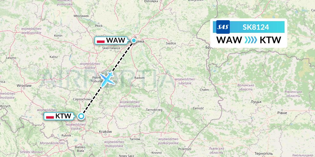 SK8124 SAS Flight Map: Warsaw to Katowice