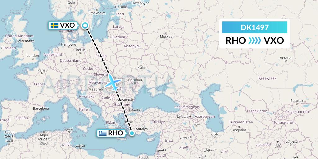 DK1497 Thomas Cook Airlines Scandinavia Flight Map: Rhodes to Vaxjo