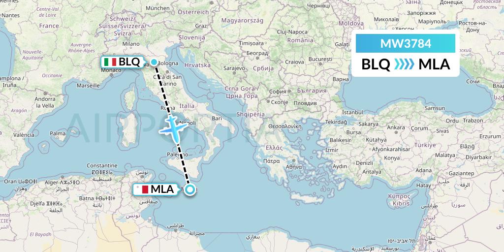 MW3784 Mokulele Flight Service Flight Map: Bologna to Malta