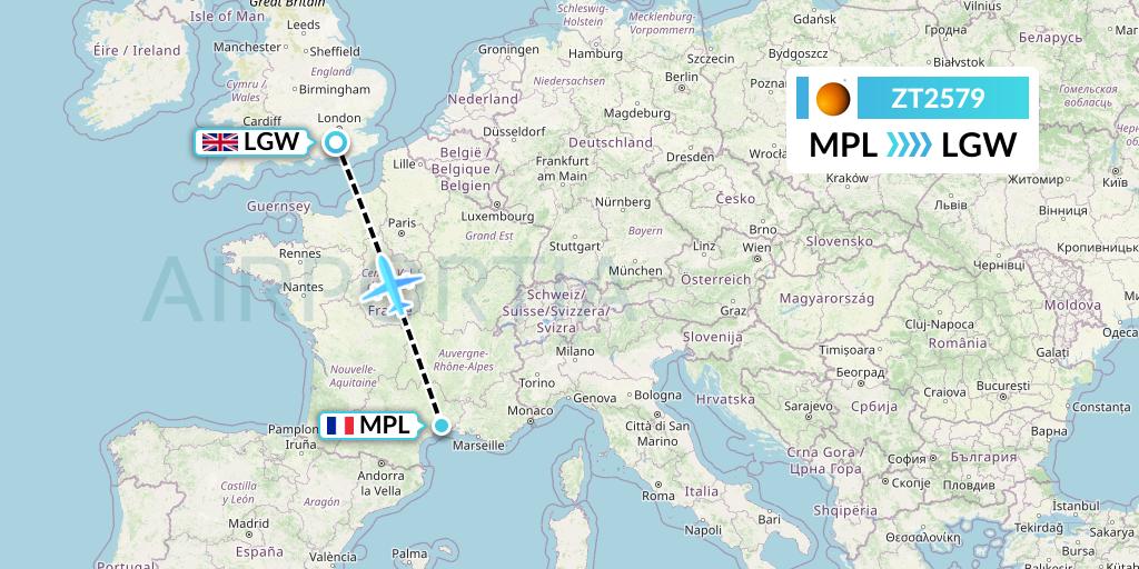 ZT2579 Titan Airways Flight Map: Montpellier to London