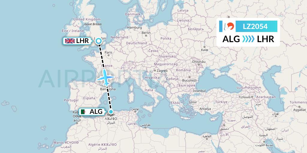 LZ2054 Air Link Flight Map: Algiers to London
