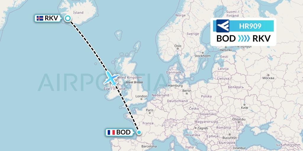 HR909 Hahn Air Flight Map: Bordeaux to Reykjavik