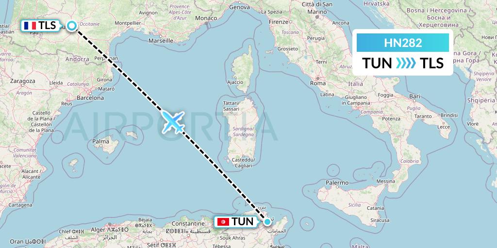 HN282 Uab Heston Airlines Jsc Heston Airl Flight Map: Tunis to Toulouse
