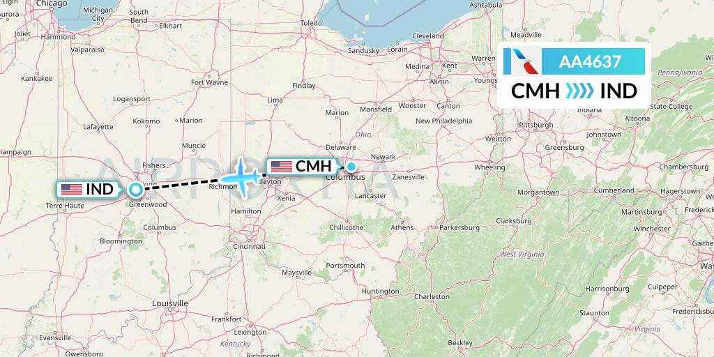 AA4637 American Airlines Flight Map: Columbus to Indianapolis