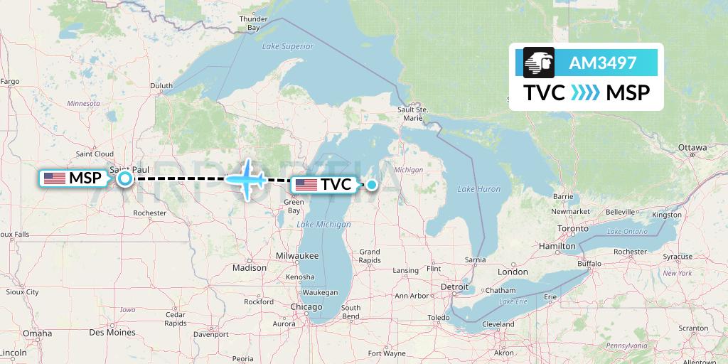 AM3497 Aeromexico Flight Map: Traverse City to Minneapolis