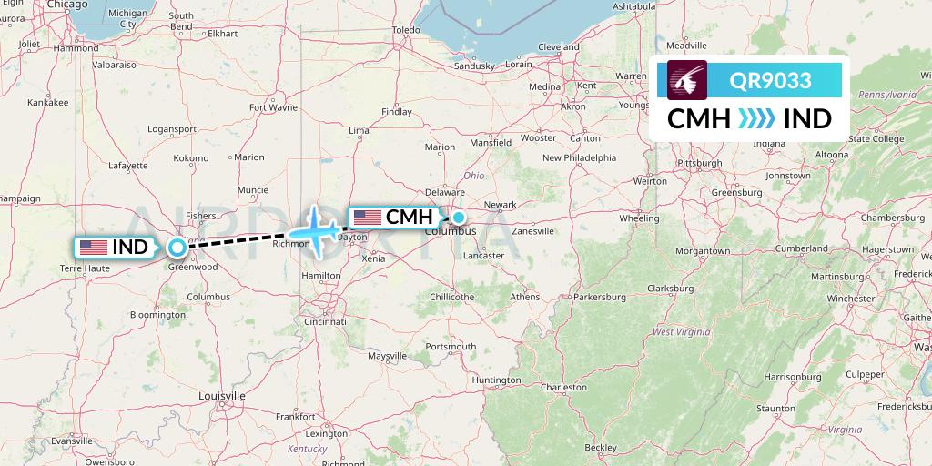 QR9033 Qatar Airways Flight Map: Columbus to Indianapolis