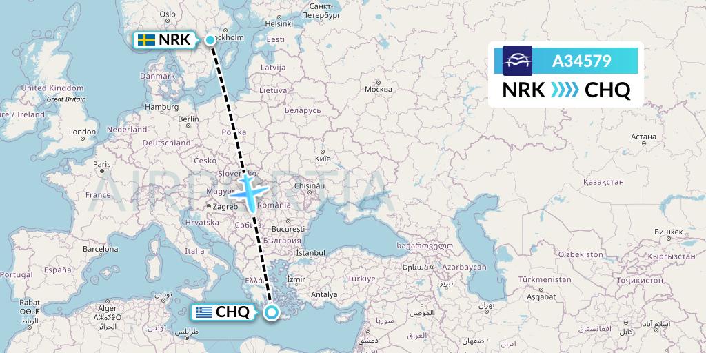 A34579 Aegean Airlines Flight Map: Norrkoping to Chania