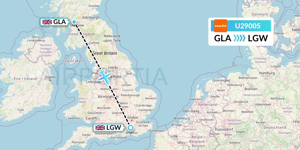 U29005 EasyJet Flight Map: Glasgow to London