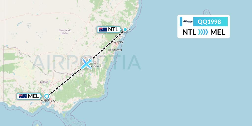 QQ1998 Alliance Airlines Flight Map: Newcastle to Melbourne