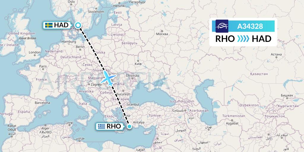 A34328 Aegean Airlines Flight Map: Rhodes to Halmstad