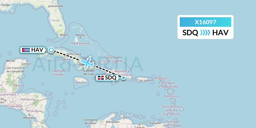 X16097 Nik Airways Flight Map: Santo Domingo to Havana