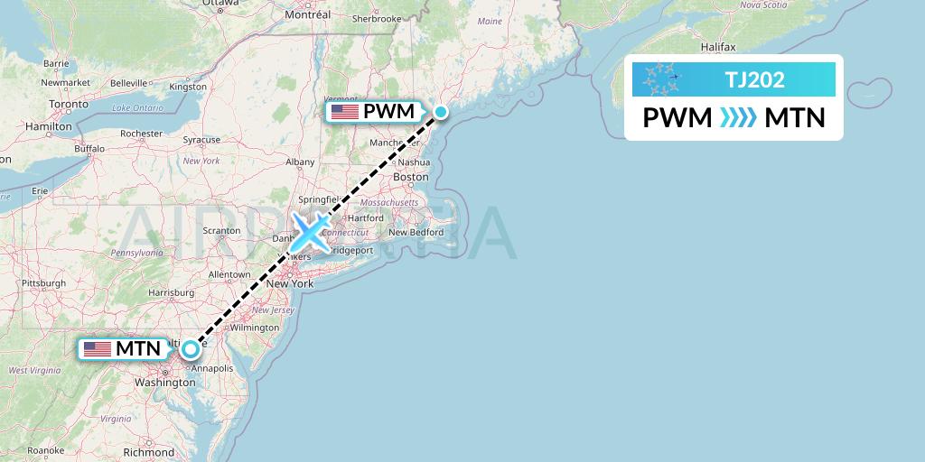 TJ202 Tradewind Aviation Flight Map: Portland to Baltimore