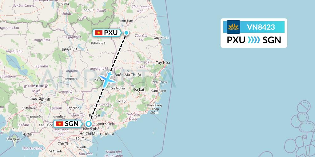 VN8423 Vietnam Airlines Flight Map: Pleiku to Ho Chi Minh City