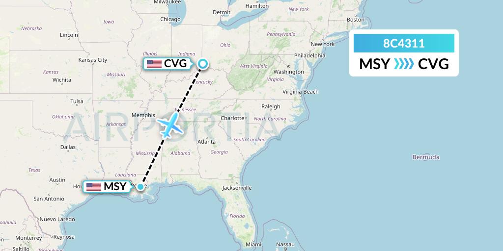 8C4311 Air Transport International Flight Map: New Orleans to Cincinnati