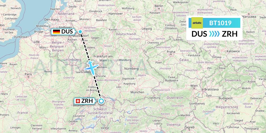 BT1019 Air Baltic Flight Map: Dusseldorf to Zurich