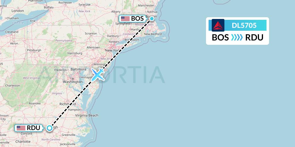 DL5705 Delta Air Lines Flight Map: Boston to Raleigh-Durham