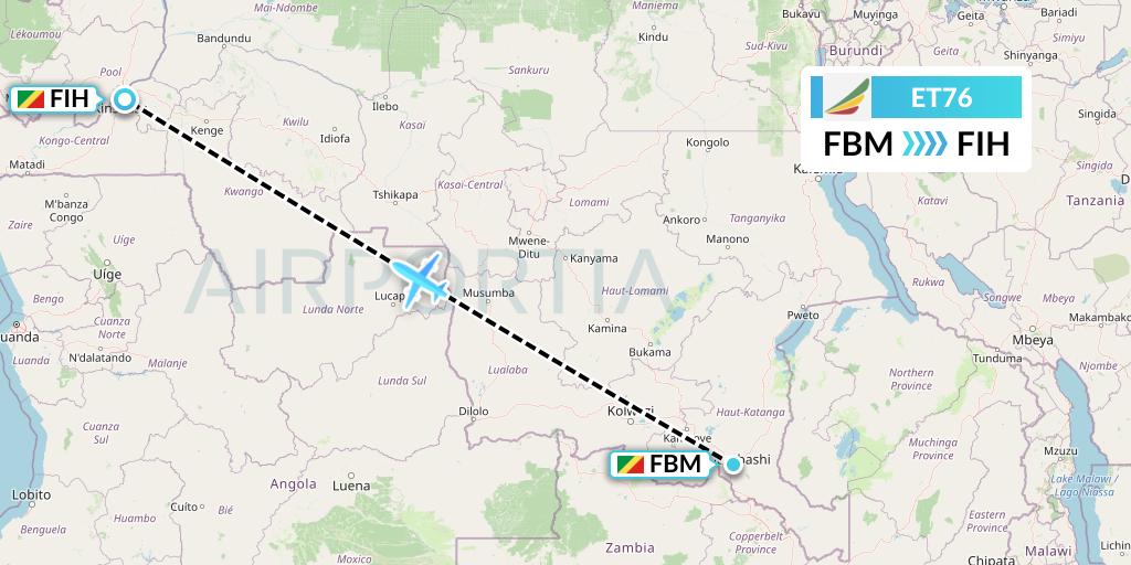 ET76 Ethiopian Airlines Flight Map: Lubumbashi to Kinshasa