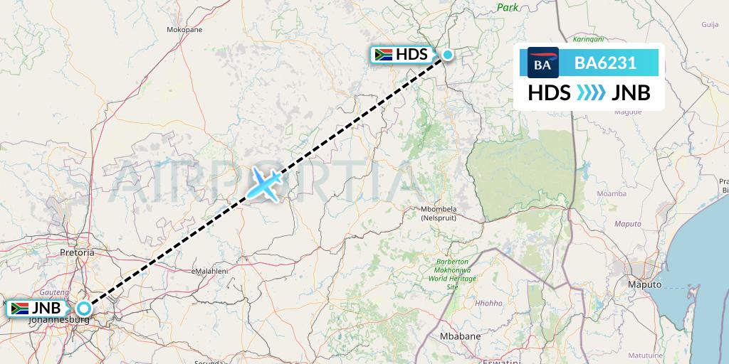 BA6231 British Airways Flight Map: Hoedspruit to Johannesburg