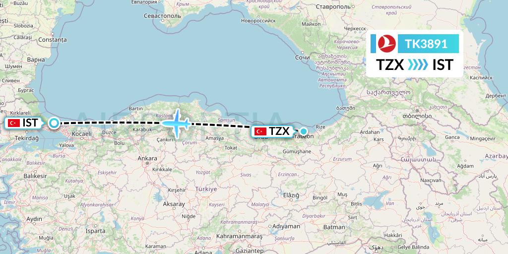 TK3891 Turkish Airlines Flight Map: Trabzon to Istanbul