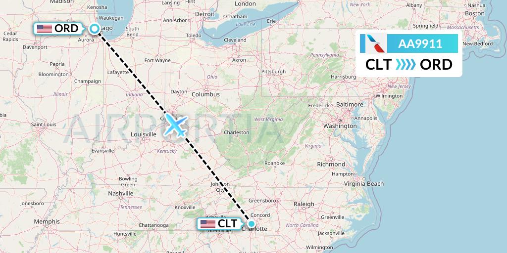 AA9911 American Airlines Flight Map: Charlotte to Chicago