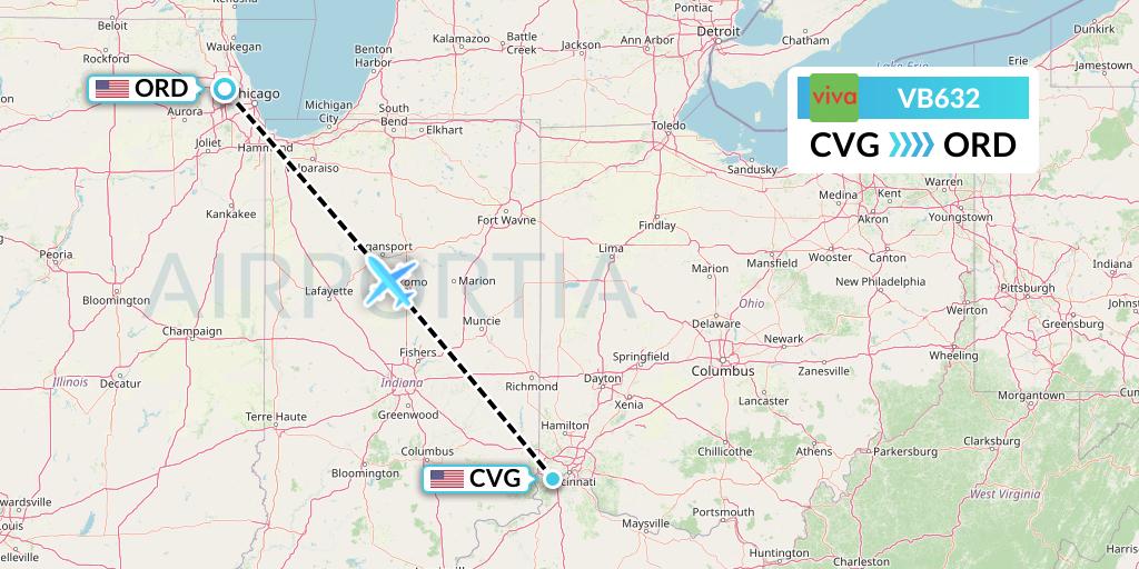 VB632 VivaAerobus Flight Map: Cincinnati to Chicago