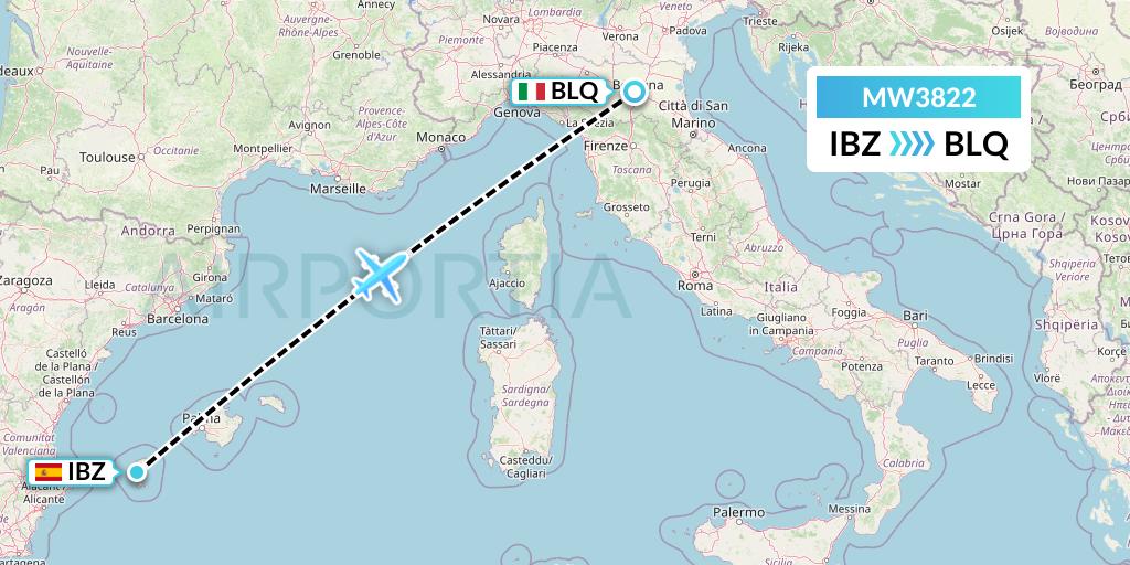 MW3822 Mokulele Flight Service Flight Map: Ibiza to Bologna