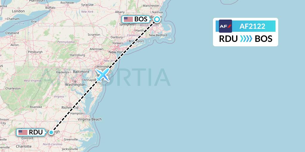 AF2122 Air France Flight Map: Raleigh-Durham to Boston