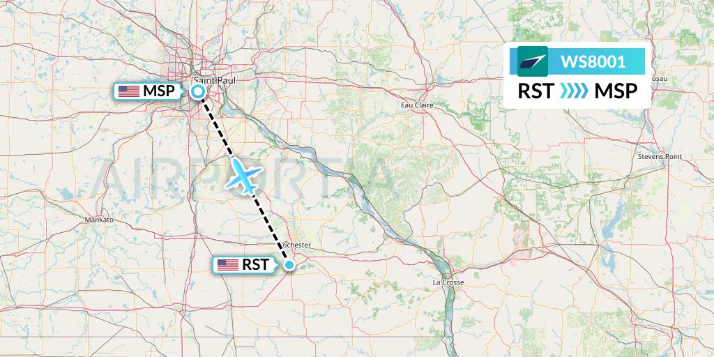 WS8001 WestJet Flight Map: Rochester to Minneapolis