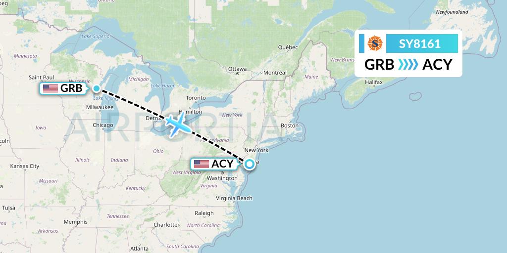 SY8161 Sun Country Airlines Flight Map: Green Bay to Atlantic City