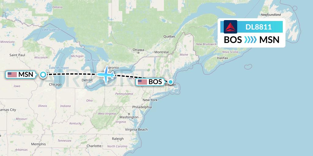 DL8811 Delta Air Lines Flight Map: Boston to Madison