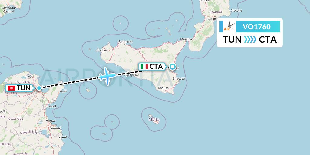 VO1760 Voyage Air Flight Map: Tunis to Catania
