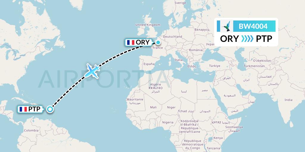 BW4004 Caribbean Airlines Flight Map: Paris to Pointe-a-Pitre
