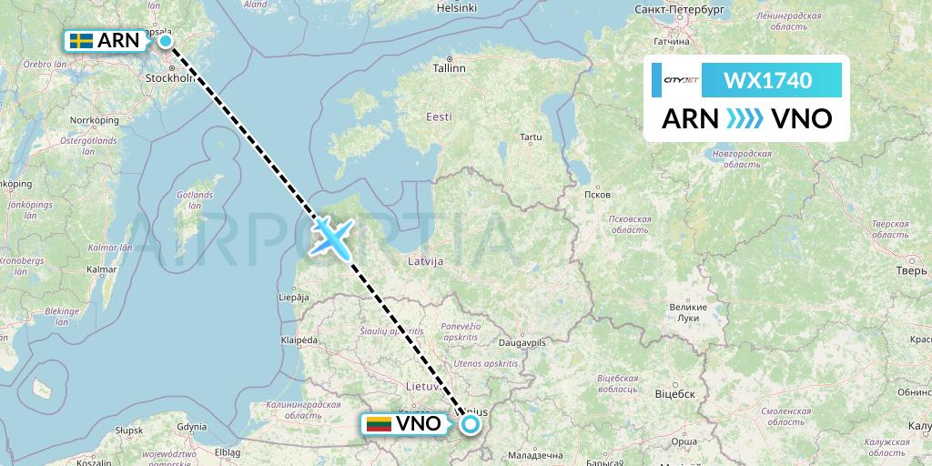 WX1740 Cityjet Flight Map: Stockholm to Vilnius