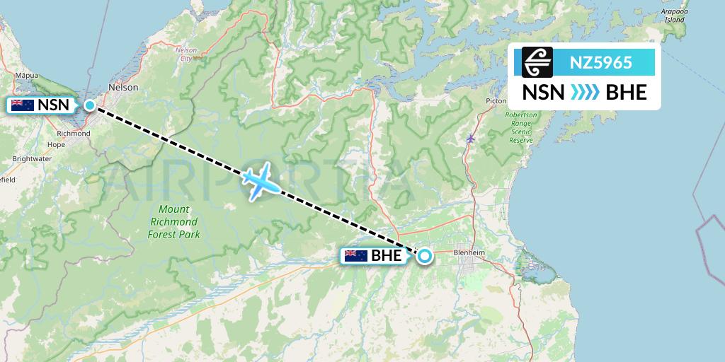 NZ5965 Air New Zealand Flight Map: Nelson to Blenheim