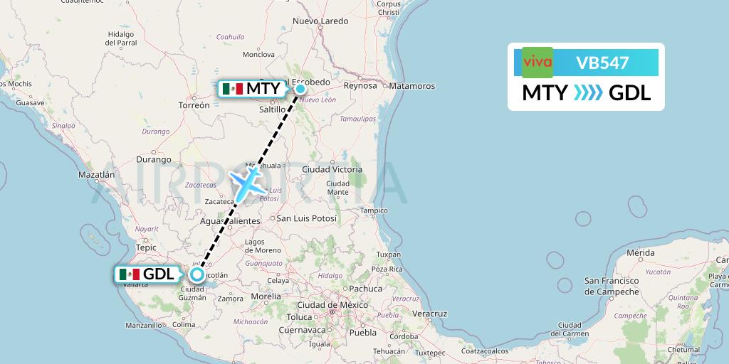 VB547 VivaAerobus Flight Map: Monterrey to Guadalajara