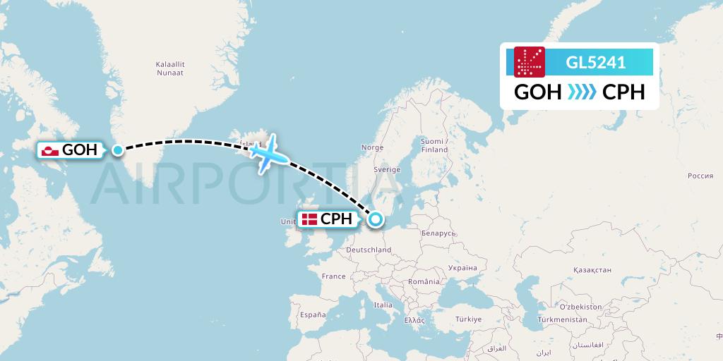 GL5241 Air Greenland Flight Map: Nuuk to Copenhagen