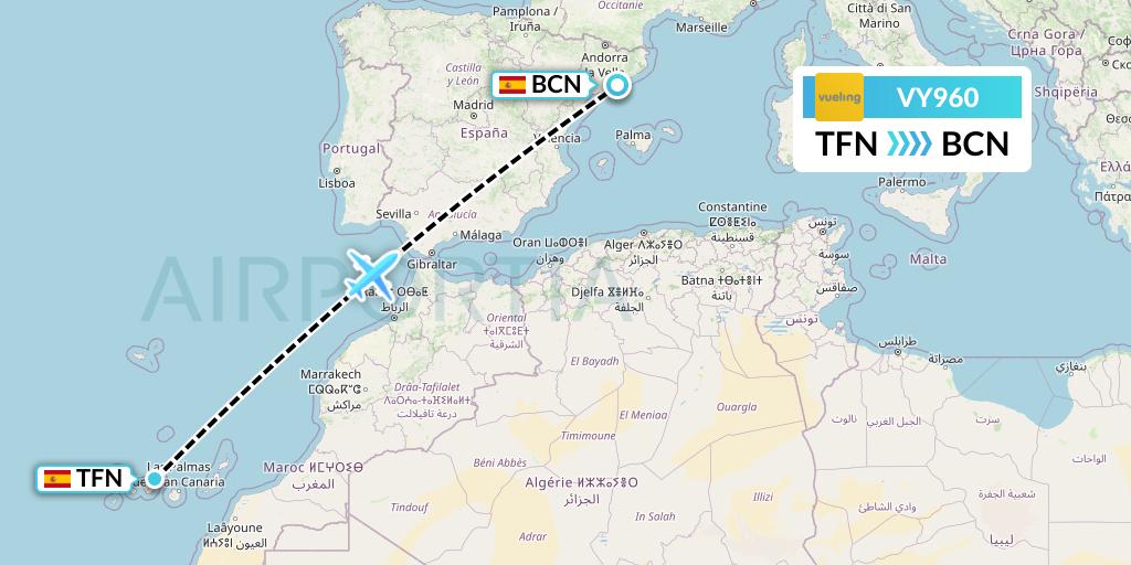 VY960 Vueling Flight Map: Tenerife to Barcelona
