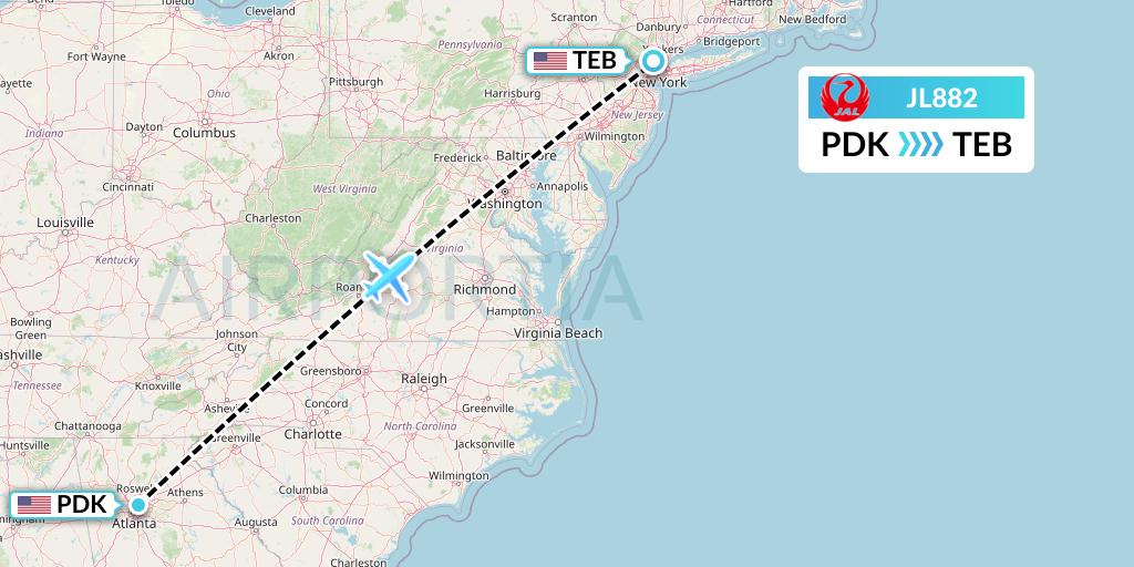 JL882 Japan Airlines Flight Map: Atlanta to Teterboro