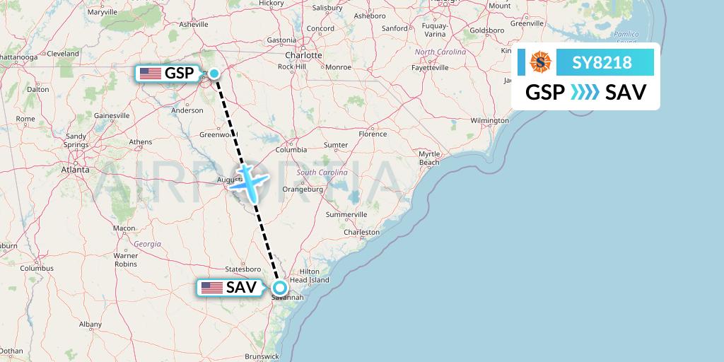 SY8218 Sun Country Airlines Flight Map: Greenville-Spartanburg to Savannah