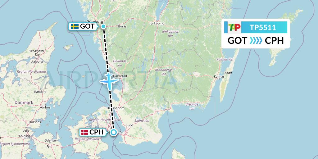 TP5511 TAP Portugal Flight Map: Gothenburg to Copenhagen