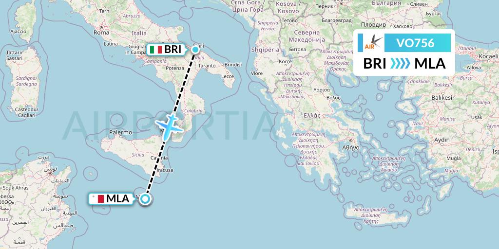 VO756 Voyage Air Flight Map: Bari to Malta