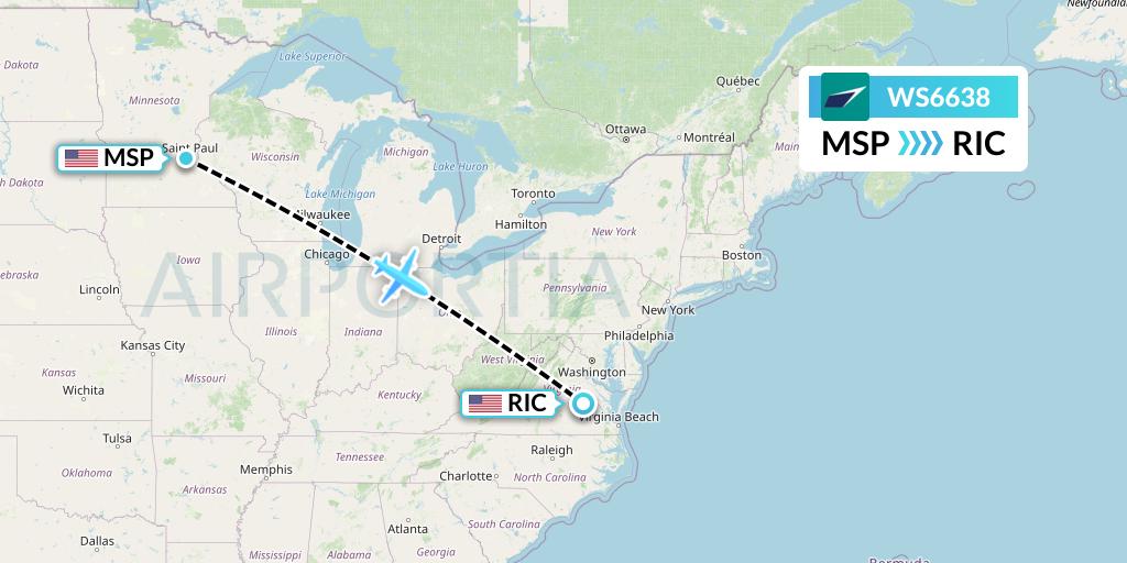 WS6638 WestJet Flight Map: Minneapolis to Richmond