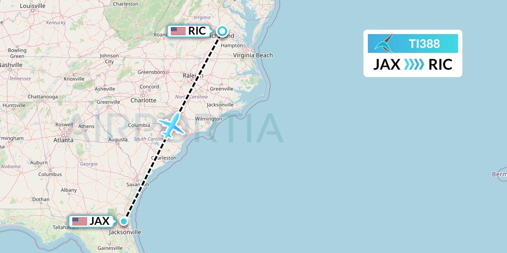 TI388 Tailwind Airlines Flight Map: Jacksonville to Richmond