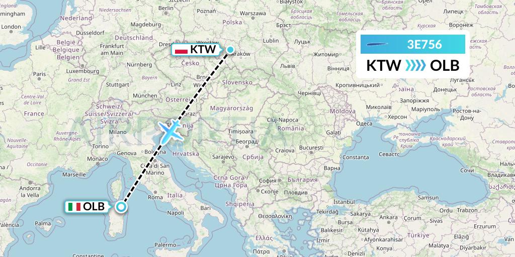 3E756 Air Choice One Flight Map: Katowice to Olbia