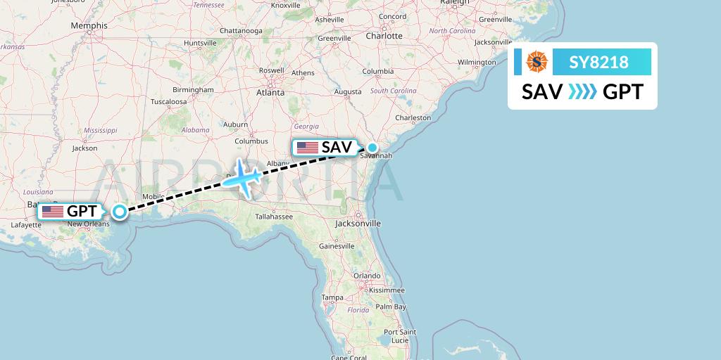 SY8218 Sun Country Airlines Flight Map: Savannah to Gulfport