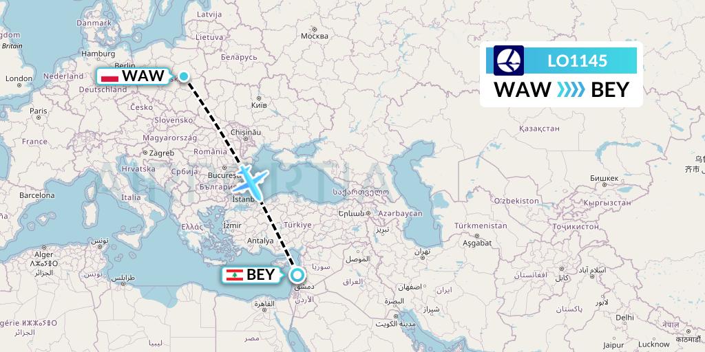LO1145 LOT Flight Map: Warsaw to Beirut