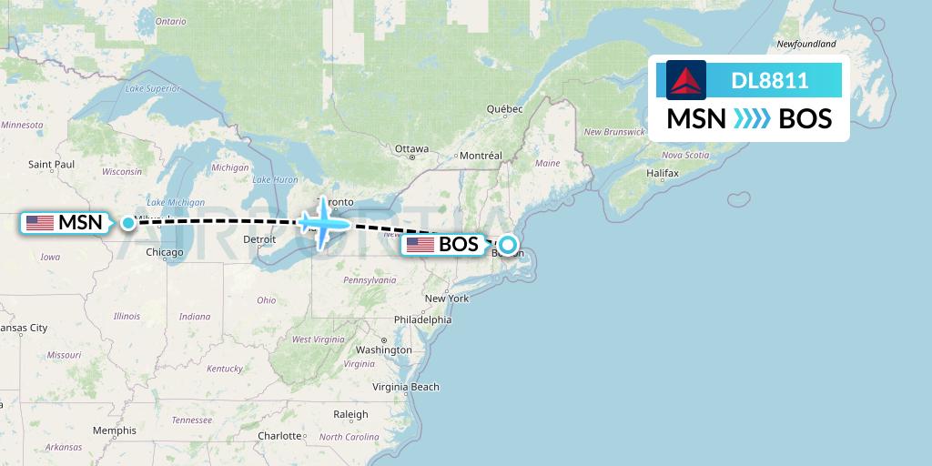 DL8811 Delta Air Lines Flight Map: Madison to Boston
